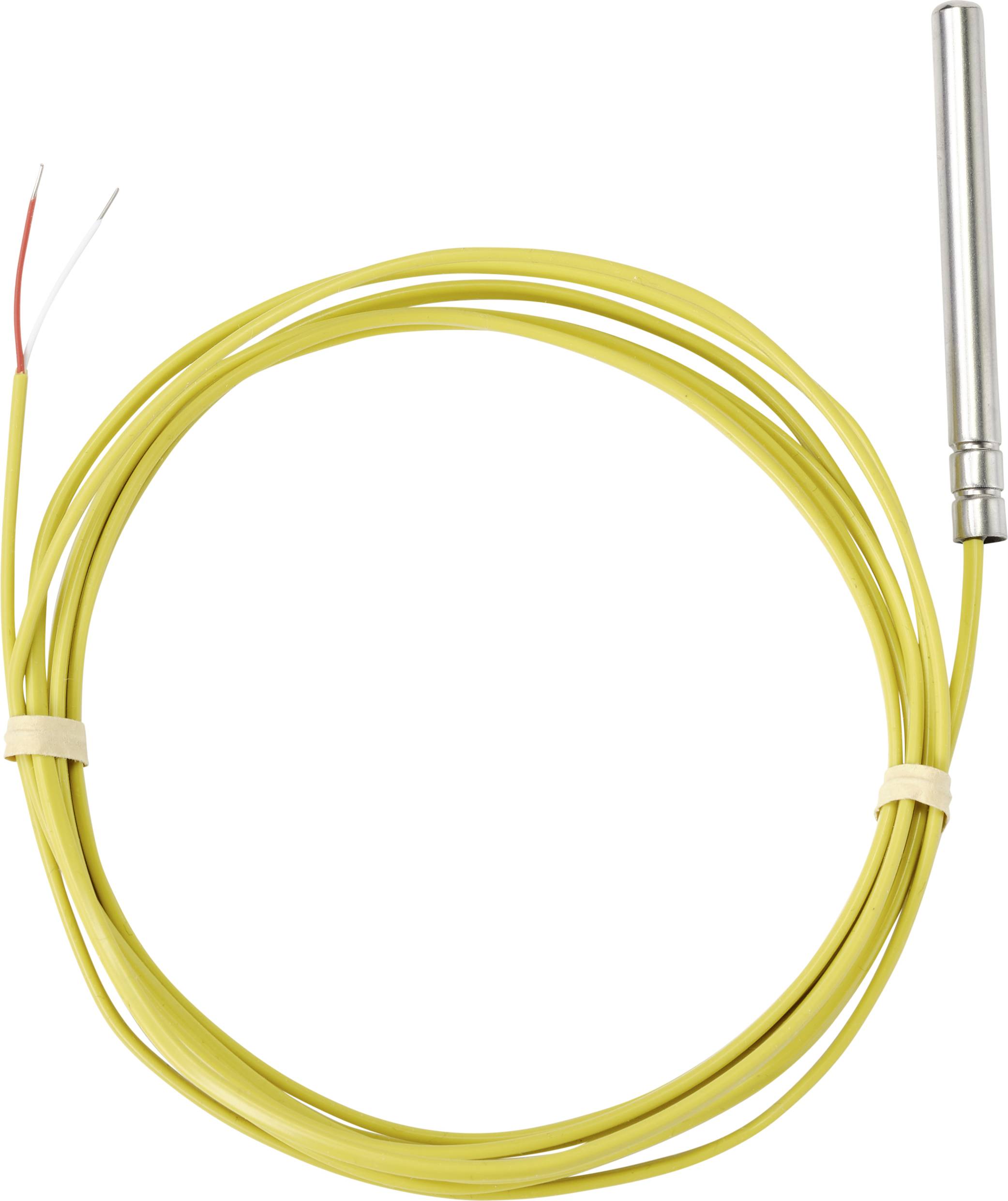 Gelbes Kabel mit einem Metallfühler und offenen Drahtenden. Eignet sich für Temperaturmessungen.