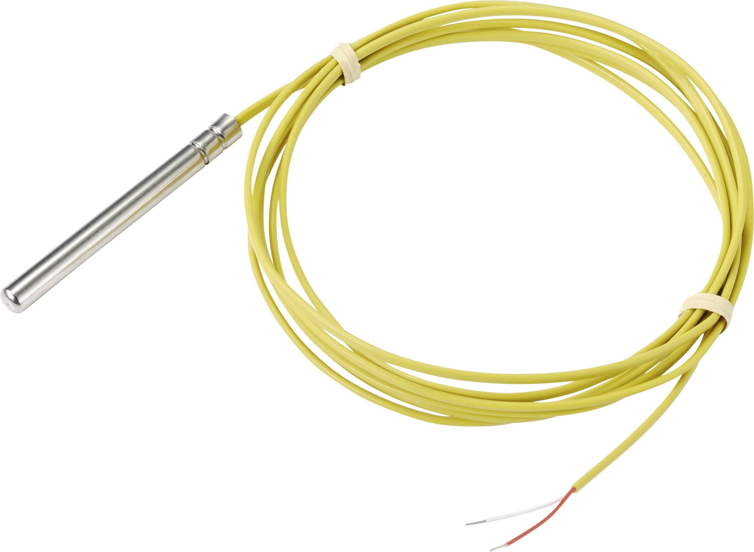 Ein gelbes Temperatursensor-Kabel mit einem Metallfühler am Ende. Das Kabel ist zusammengerollt und hat freiliegende Drahtenden.