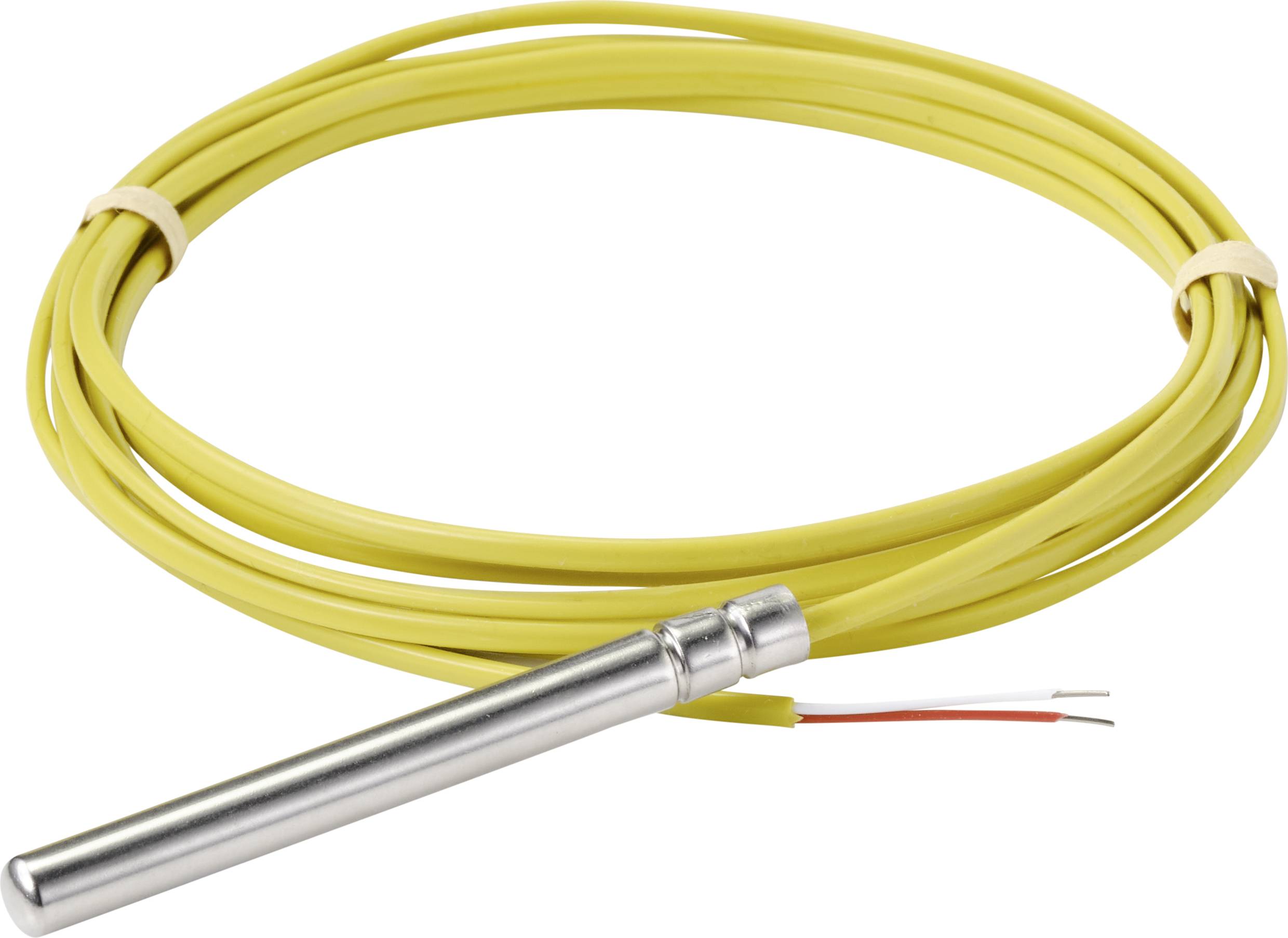 Gelber Temperatursensor mit langem Kabel und Metallsonde, geeignet für industrielle Anwendungen und präzise Temperaturmessungen.