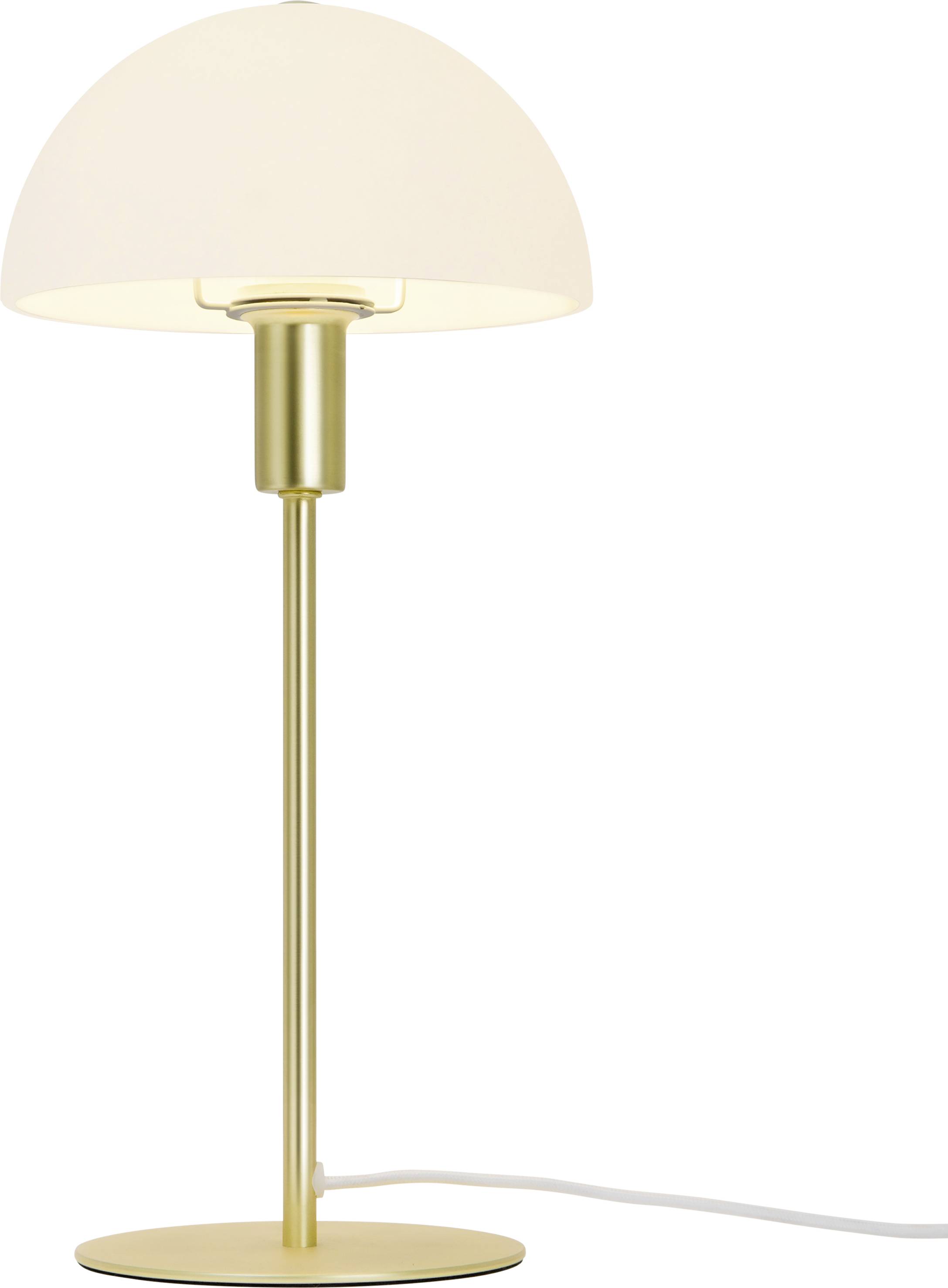 Eine moderne Tischlampe mit goldenem Ständer und weißem, halbrundem Schirm. Ein elektrisches Kabel ist sichtbar.