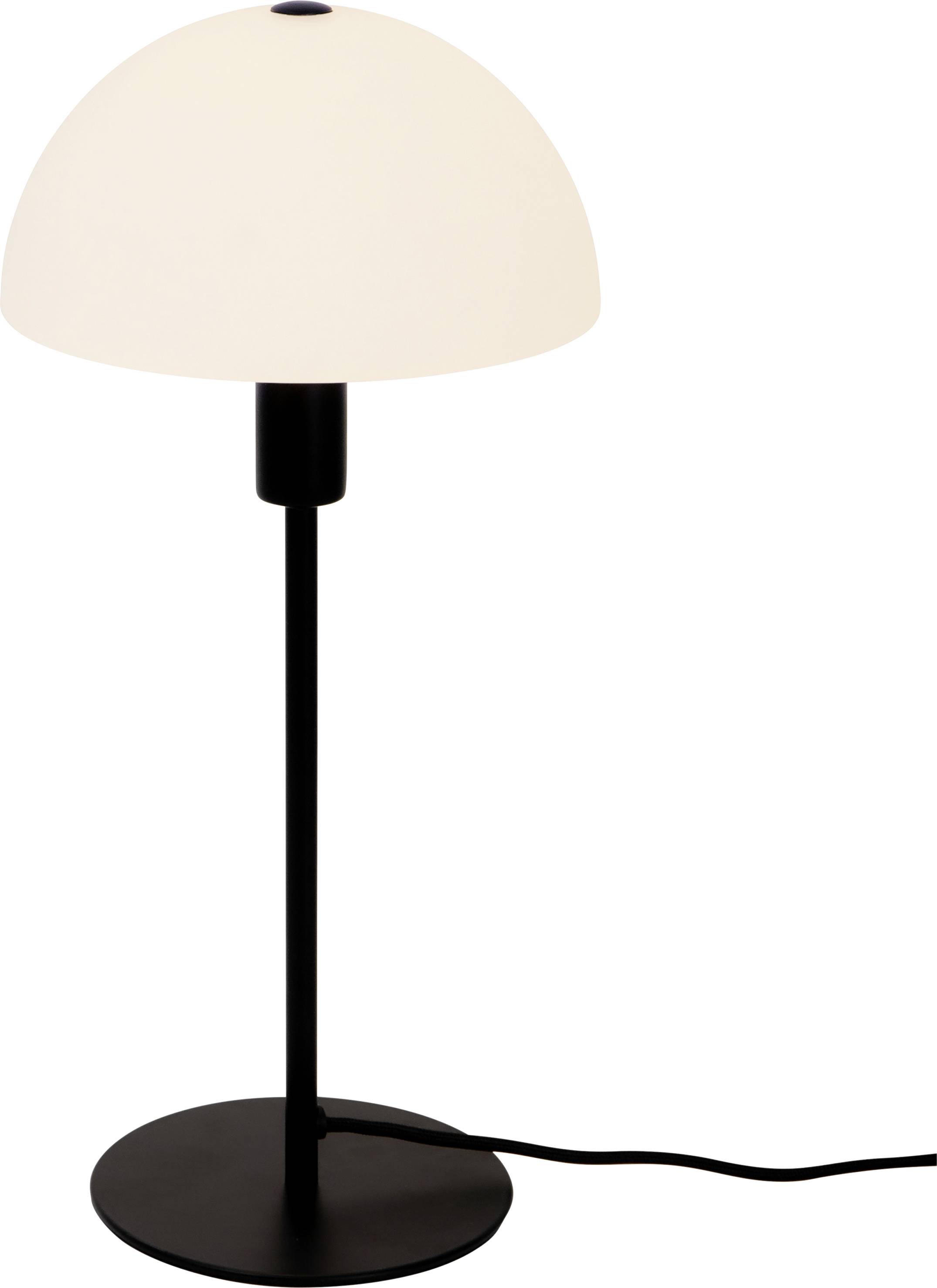 Eine moderne Tischlampe mit schwarzem Ständer und rundem, weißem Lampenschirm. Sie hat ein einfaches, minimalistisches Design.