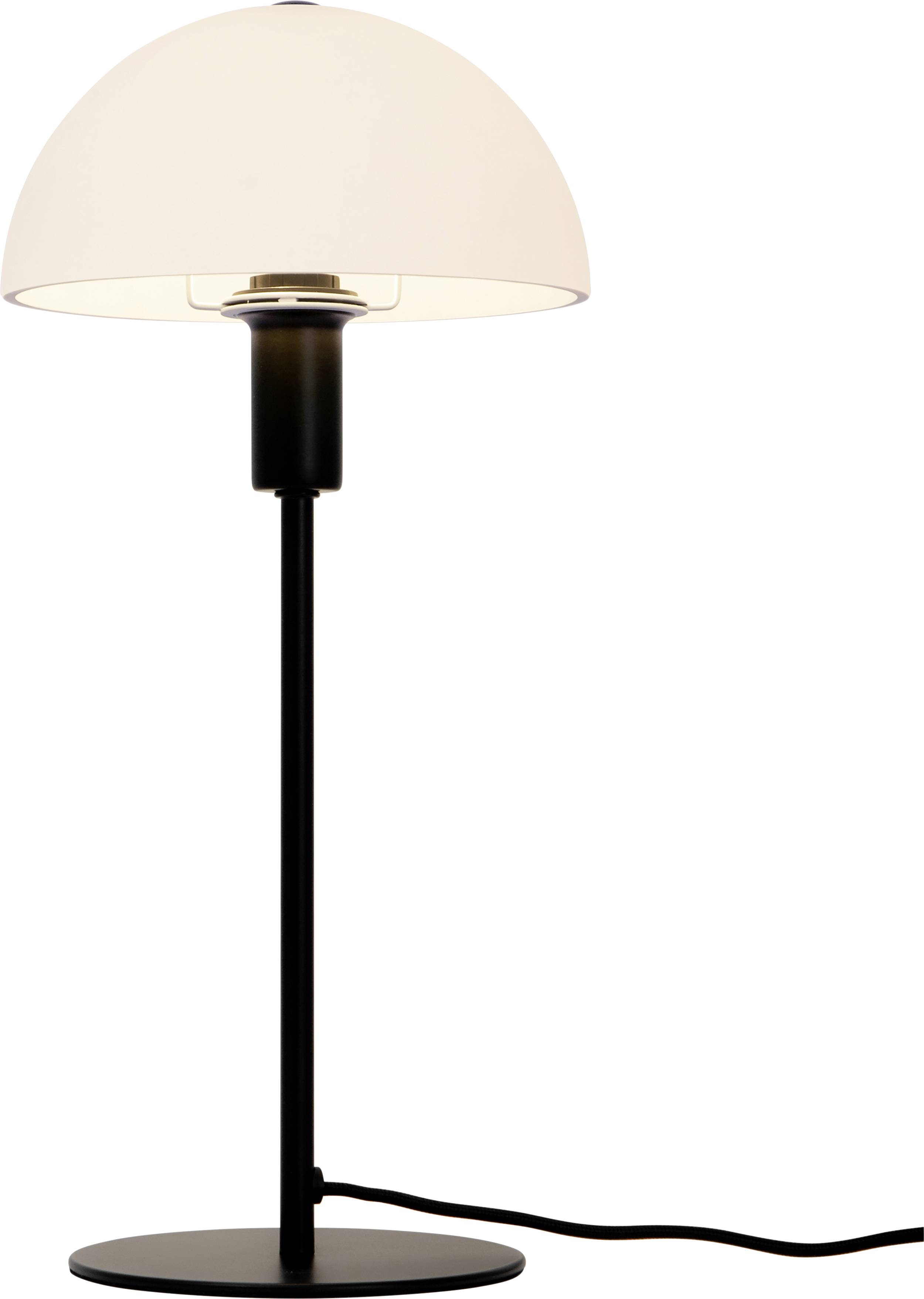 Eine moderne Tischlampe mit schwarzem Ständer und rundem, weißem Schirm, stilvoll und minimalistisch gestaltet.