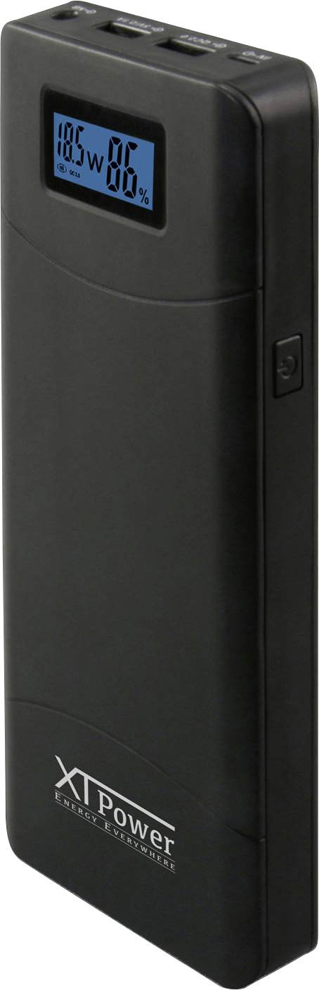 Schwarze Powerbank von XTPower mit Digitalanzeige oben links, zeigt '185W 86%' an. Kompakt, geeignet zum Laden von Geräten unterwegs.