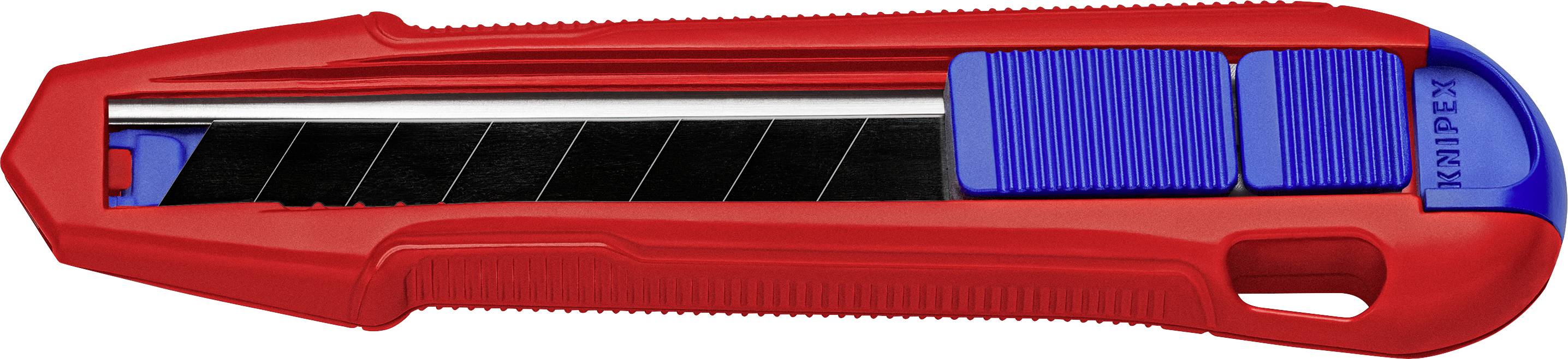 Roter Universalmesser mit einziehbarer schwarzer Klinge und blauen Schiebern. Werkzeug zum Schneiden verschiedener Materialien.
