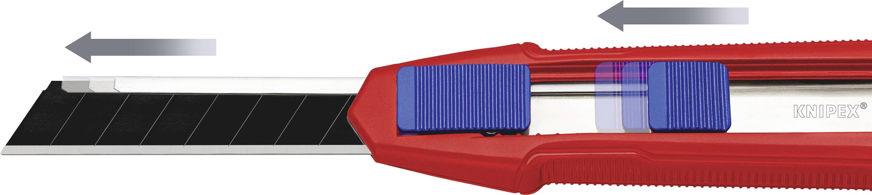 Ein Schiebemesser mit roter Hülle und blauer Schiebesicherung. Pfeile zeigen die Richtung zum Ausfahren und Einziehen der Klinge an.