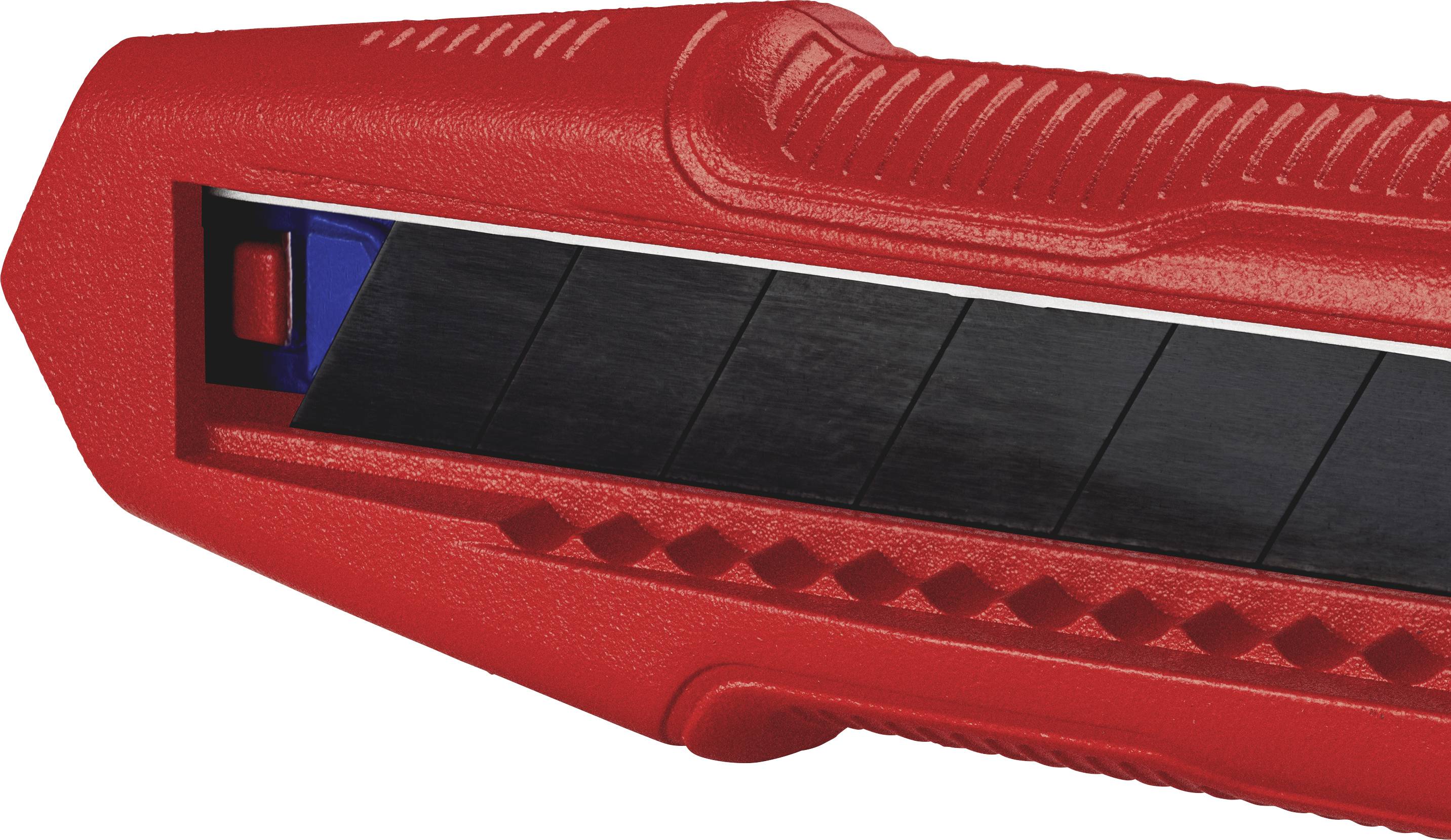 Ein rotes Cuttermesser, teilweise sichtbar, zeigt die schwarze Klinge und einen blauen Sicherungsmechanismus.