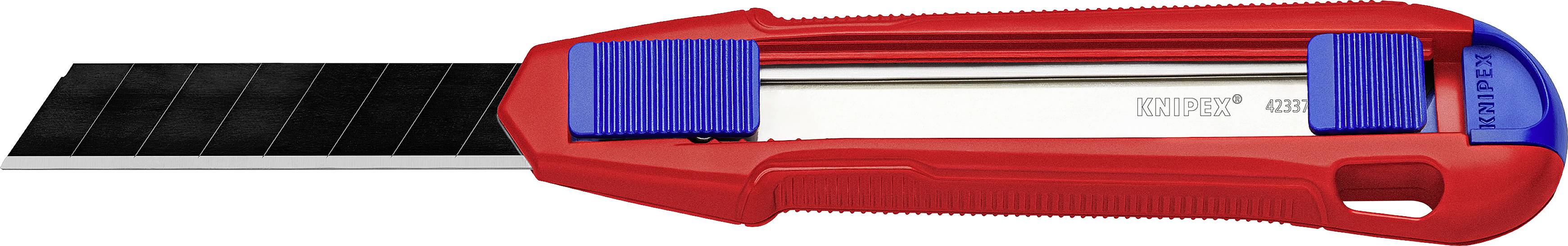 Ein rotes Teppichmesser mit herausgefahrener Klinge und blauen Griffen, liegend in der Nahaufnahme.