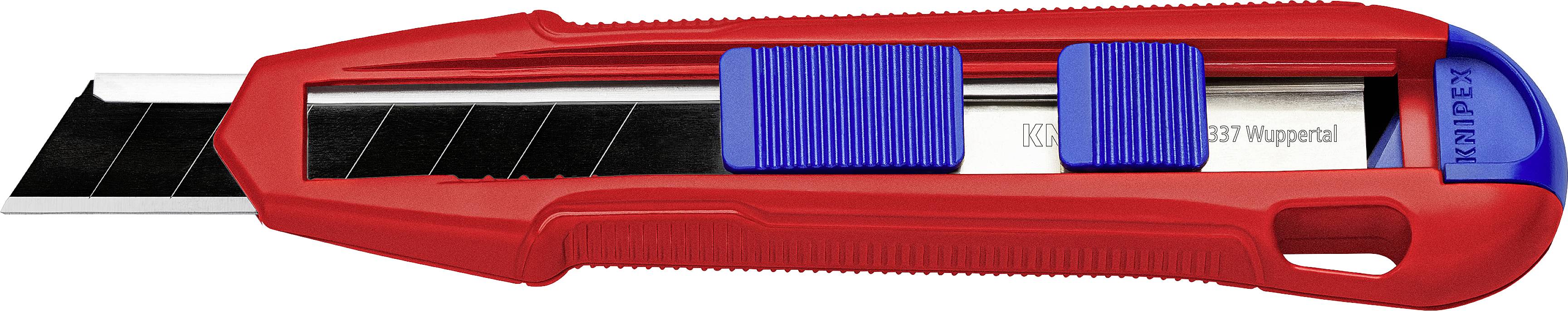 Ein rotes Cuttermesser mit schwarzer Klinge und blauem Schieber liegt quer.