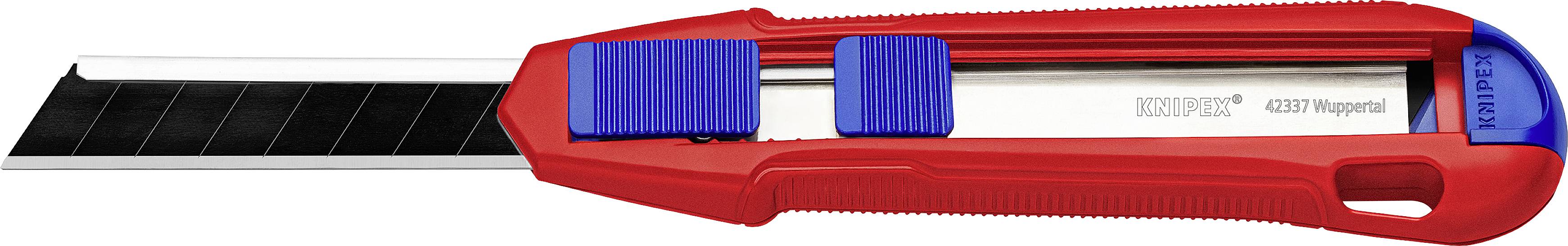 Rotes Cuttermesser mit blauem Griff, ausgefahrene Klinge, seitlicher Schieber zur Klingenverstellung, Markenname sichtbar.