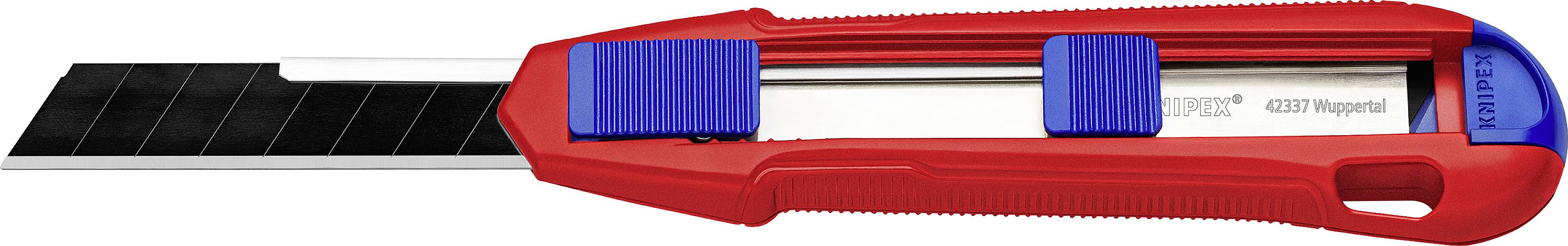 Rotes Cuttermesser mit blauer Schiene und ausfahrbarer schwarzer Klinge.