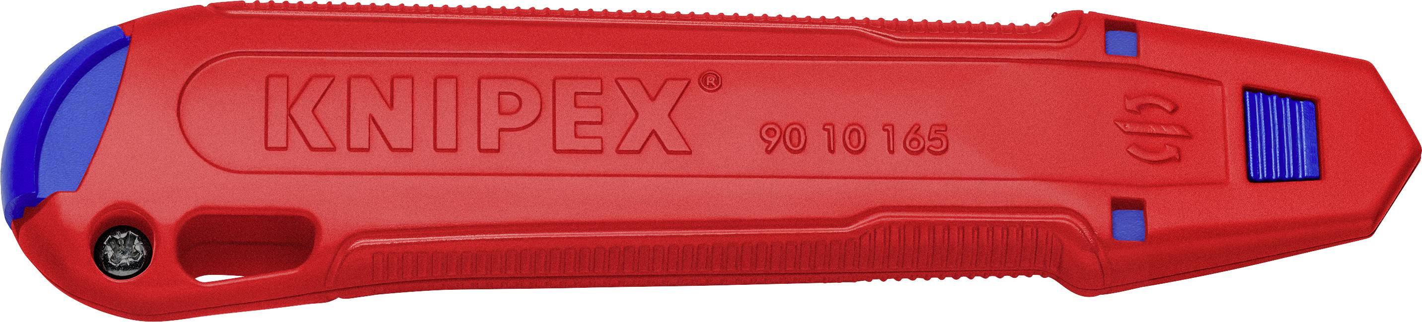 Rotes KNIPEX-Abisoliermesser mit blauen Enden und Schraube, Modellnummer 90 10 145, für sichere und präzise Kabelbearbeitung.