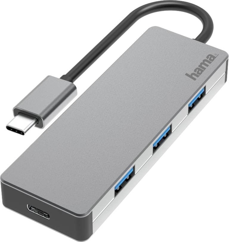 USB-C-Hub mit vier Ports, einschließlich USB-A- und USB-C-Anschlüssen. Schlankes, graues Design mit einem kurzen, fest verbundenen Kabel.