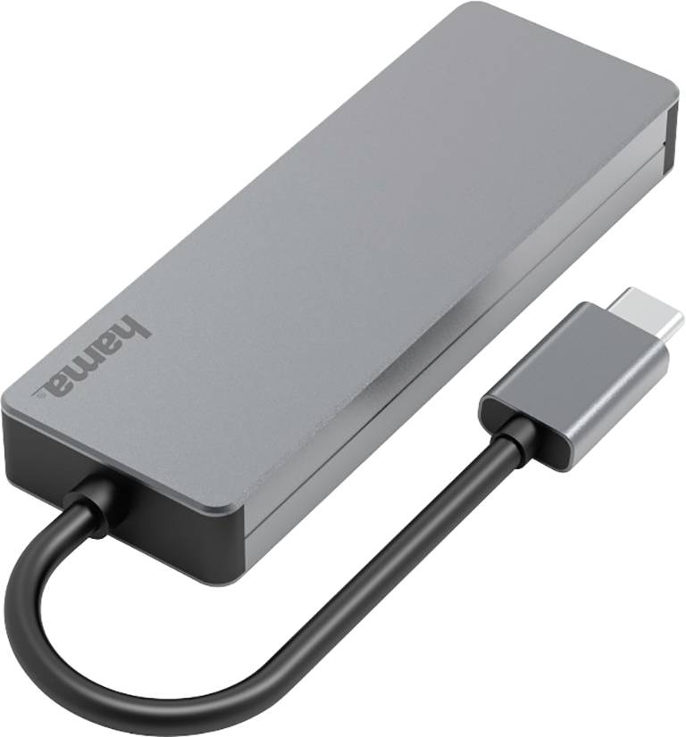 Ein USB-C-Adapter von Hama, grau, ermöglicht die Verbindung von USB-C-Geräten mit anderen Anschlüssen. Ideal für Gerätekompatibilität.