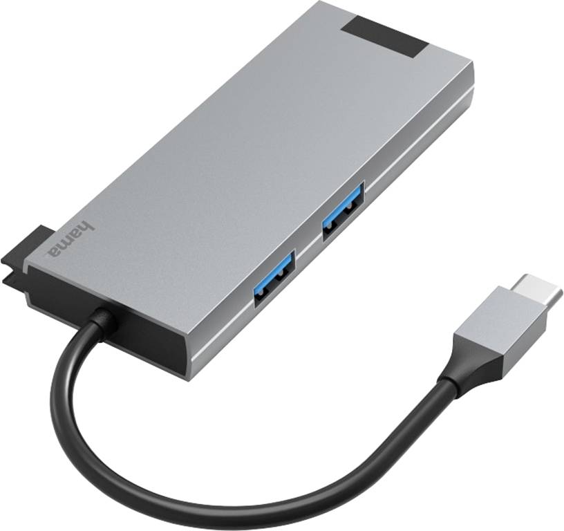 Silberner USB-C-Hub-Adapter mit vier Anschlüssen, einschließlich USB und HDMI, auf schwarzem Kabel. Ideal für Geräteverbindungen.