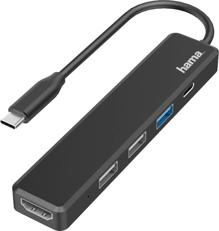 Ein schwarzer USB-C-Hub mit vier Anschlüssen: HDMI, USB 3.0, zwei USB 2.0 und USB-C. Marke 'hama' auf der Oberseite.