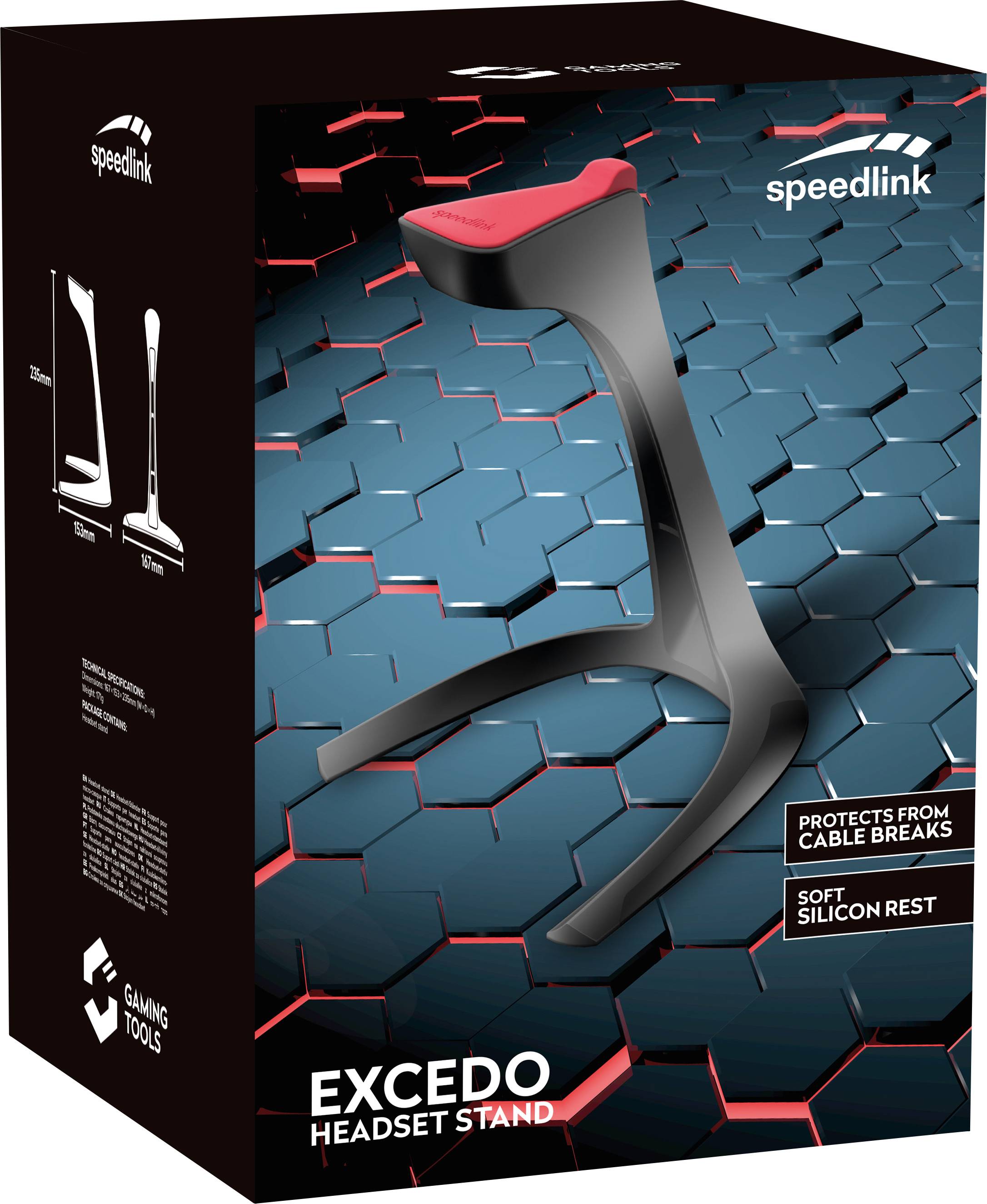 Schwarzer Headset-Ständer auf blau-rotem Hintergrund in Verpackung, 