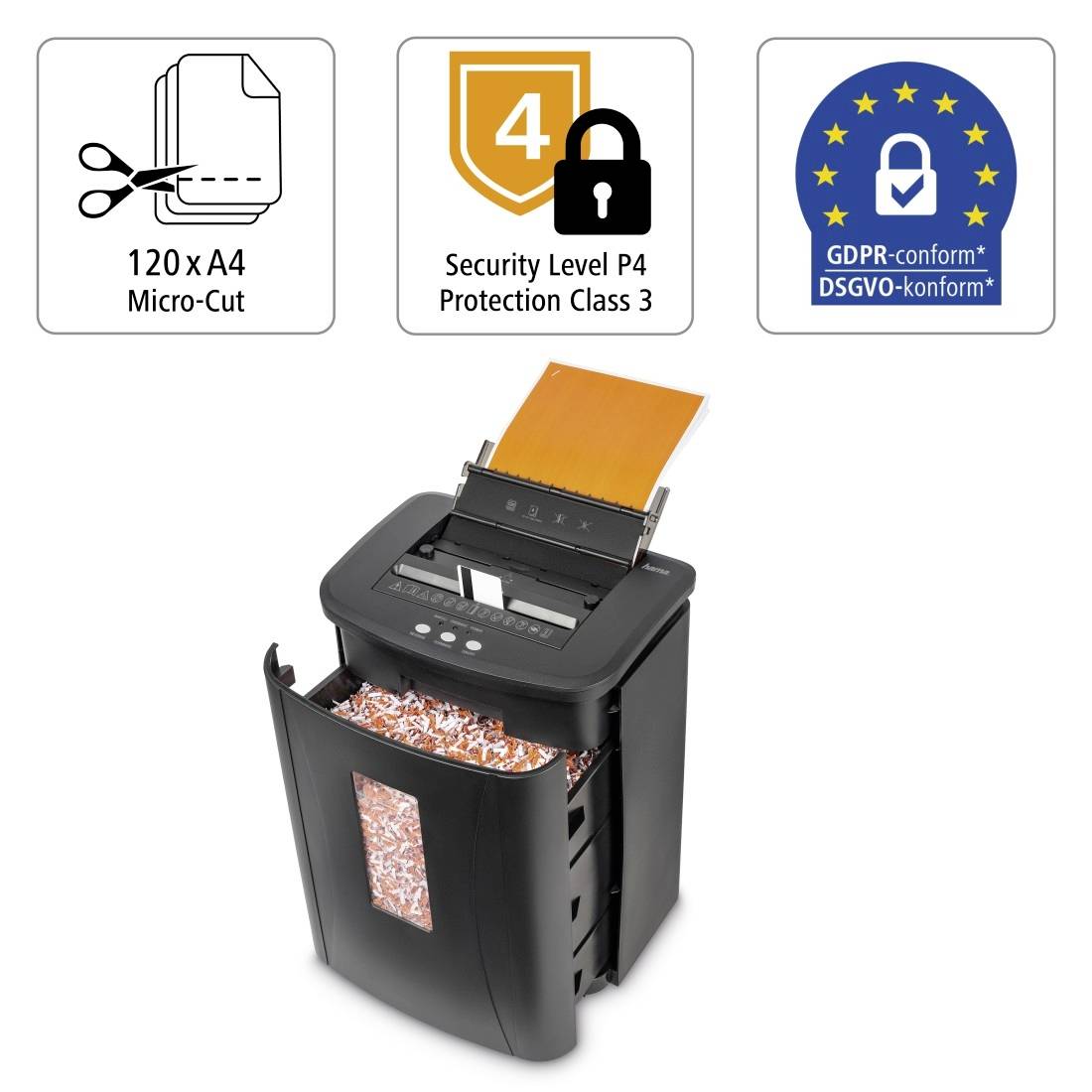 Ein Aktenvernichter mit offenem Fach zeigt geschreddertes Papier; Symbole für '120 x A4 Micro-Cut', 'Security Level P4 Protection Class 3' und 'GDPR-konform'.
