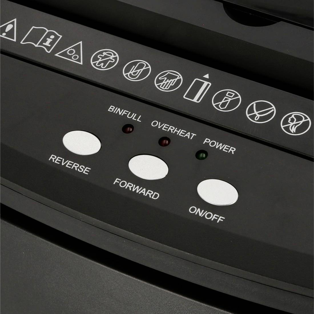 Ein Aktenvernichter-Bedienfeld mit Schaltern für 'Reverse', 'Forward' und 'On/Off'. Anzeigen: 'Bin Full', 'Overheat', 'Power'.