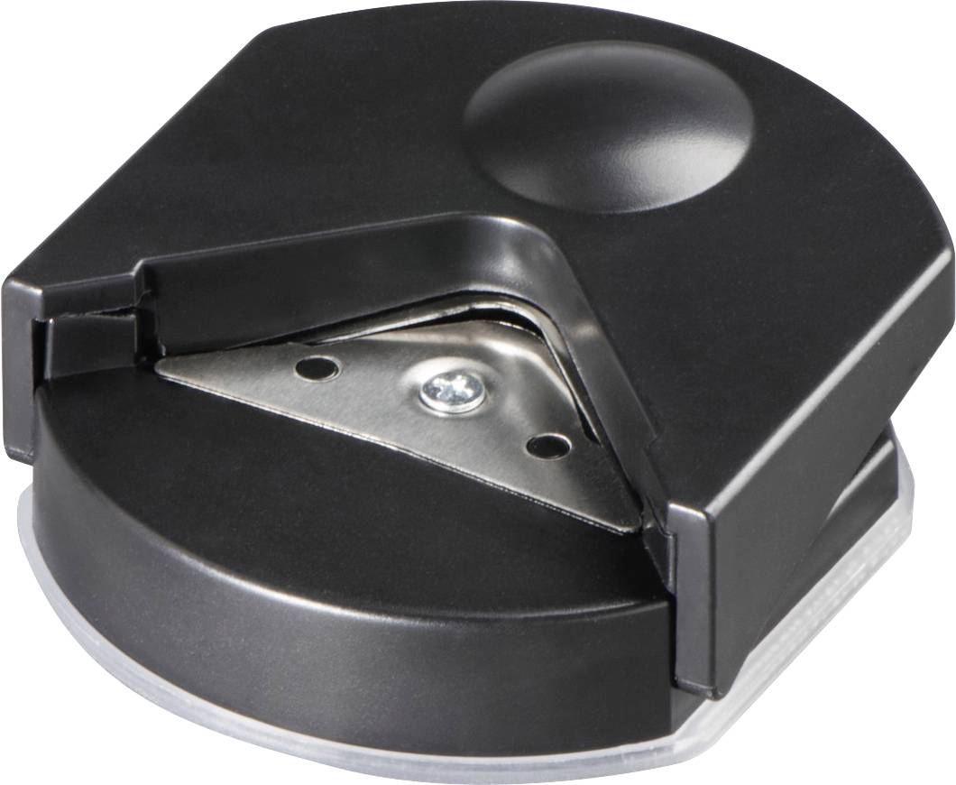 Eine schwarze Eckenabrunderstanze mit einer runden, metallischen Klinge, die Ecken von Papier oder Karten abrundet.