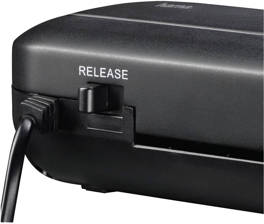 Die Nahaufnahme zeigt einen schwarzen Aktenvernichter mit einem Kabel links und einer 'RELEASE'-Taste auf der Oberseite.