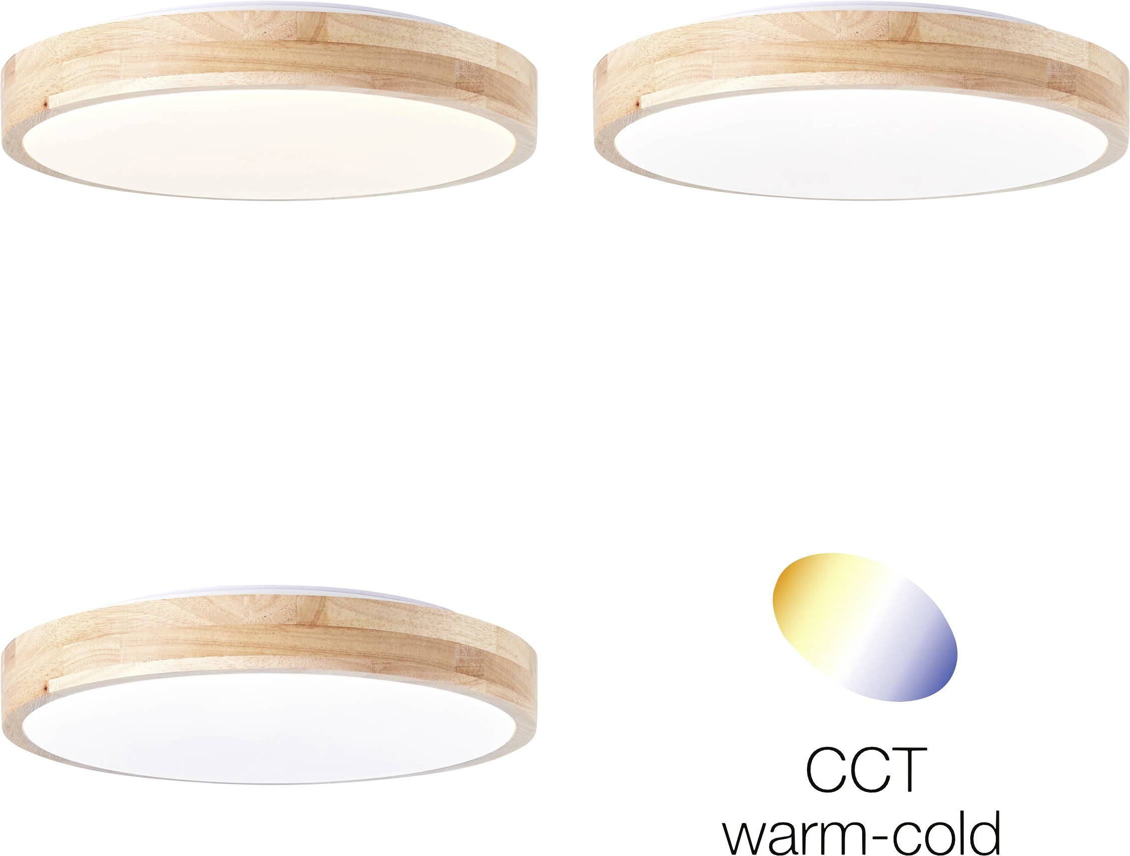 Drei runde Deckeneinbauleuchten mit Holzrahmen zeigen unterschiedliche Lichtfarben. Ein Diagramm zeigt die Farbtemperatur von warm bis kalt.