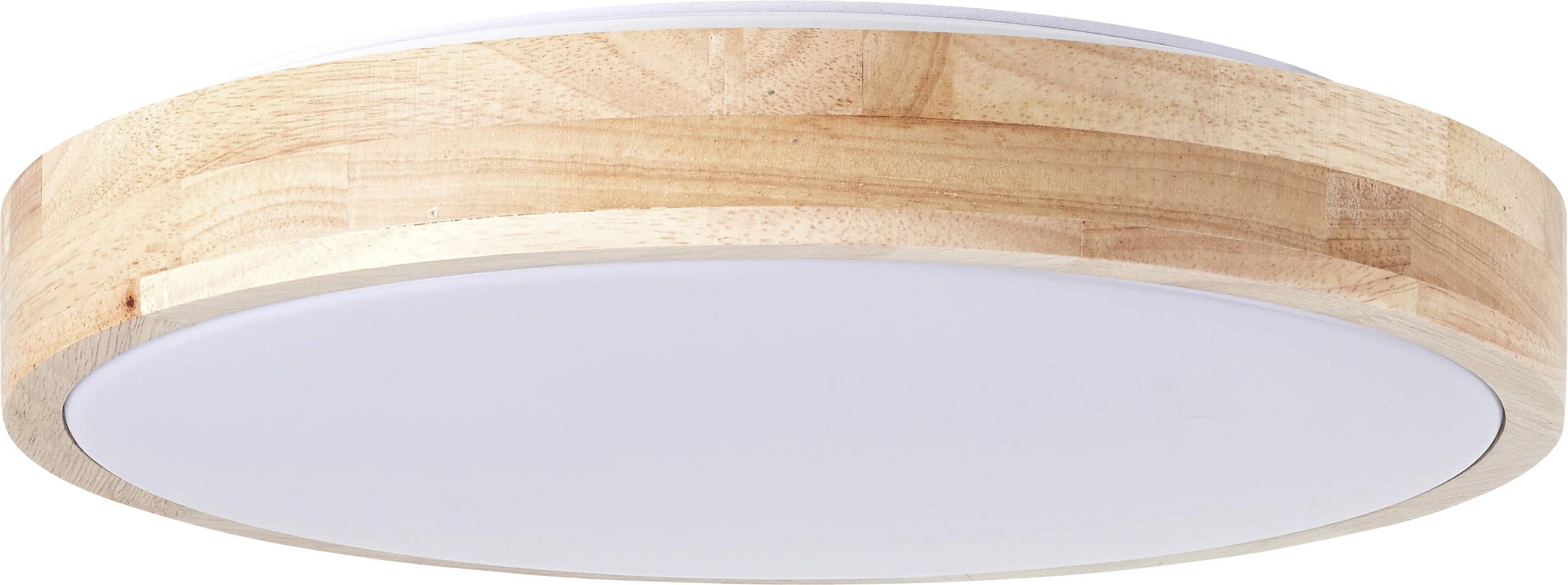 Runde Deckenleuchte mit Holzumrandung und weißer Oberfläche, geeignet für minimalistische Inneneinrichtungen.