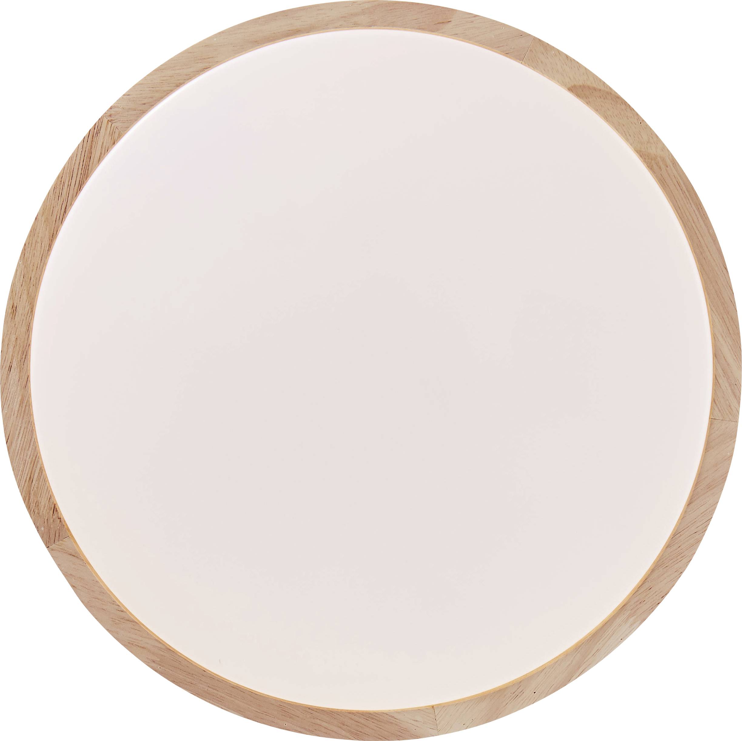 Eine runde, flache Holzplatte mit einem weißen, matten Zentrum, ähnlich einem minimalistisch gestalteten Serviertablett.