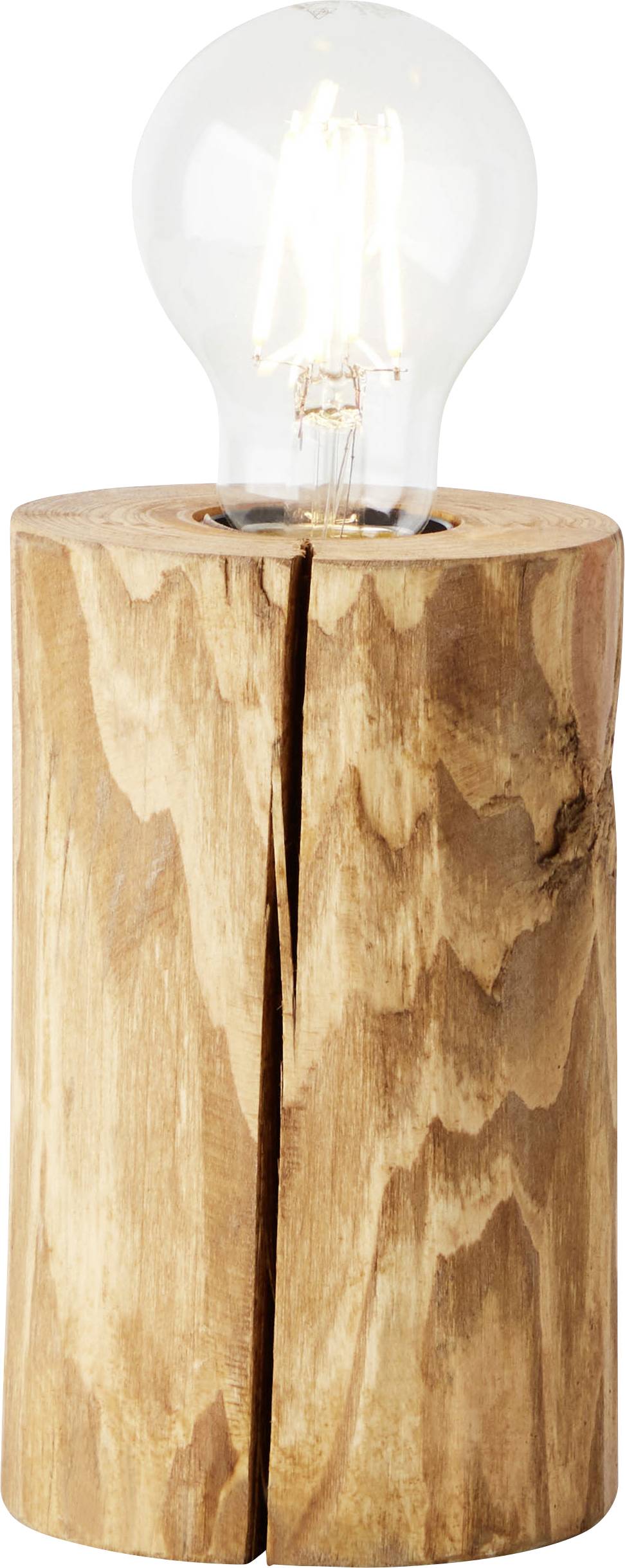 Holzlampe mit sichtbarer Glühbirne auf zylindrischem Sockel aus hellem Holz.