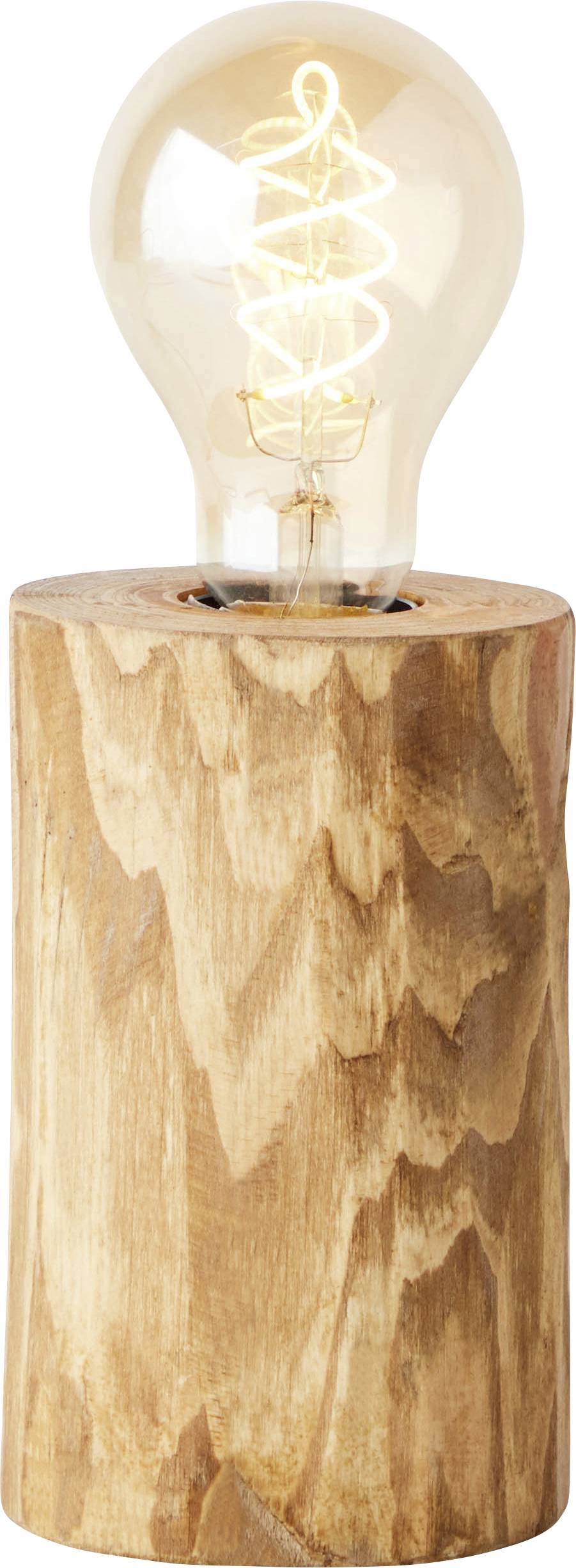 Holzlampe mit einer eingeschalteten Glühbirne, die einen warmen Lichtschein in einem rustikalen Design erzeugt.