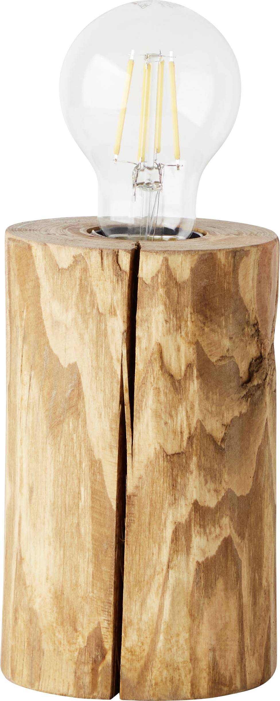 Eine Glühbirne sitzt in einem Ständer aus Holz. Die Maserung des Holzes ist deutlich sichtbar.