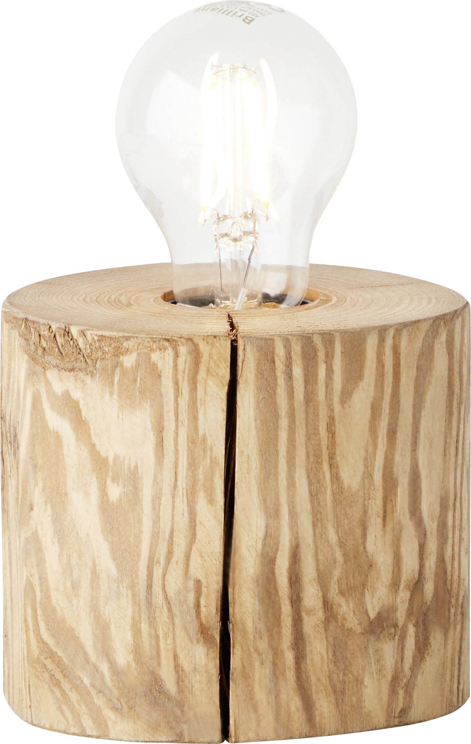 Eine durchsichtige Glühbirne steckt in einer zylindrischen, natürlichen Holzfassung mit sichtbarer Maserung, auf einem Tisch stehend.