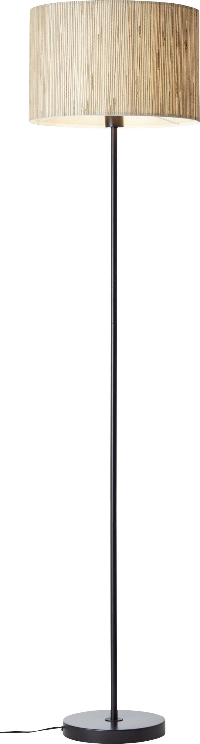 Stehlampe mit schlichtem, schwarzem Ständer und einem zylindrischen, sandfarbenen Schirm aus natürlichem Material.