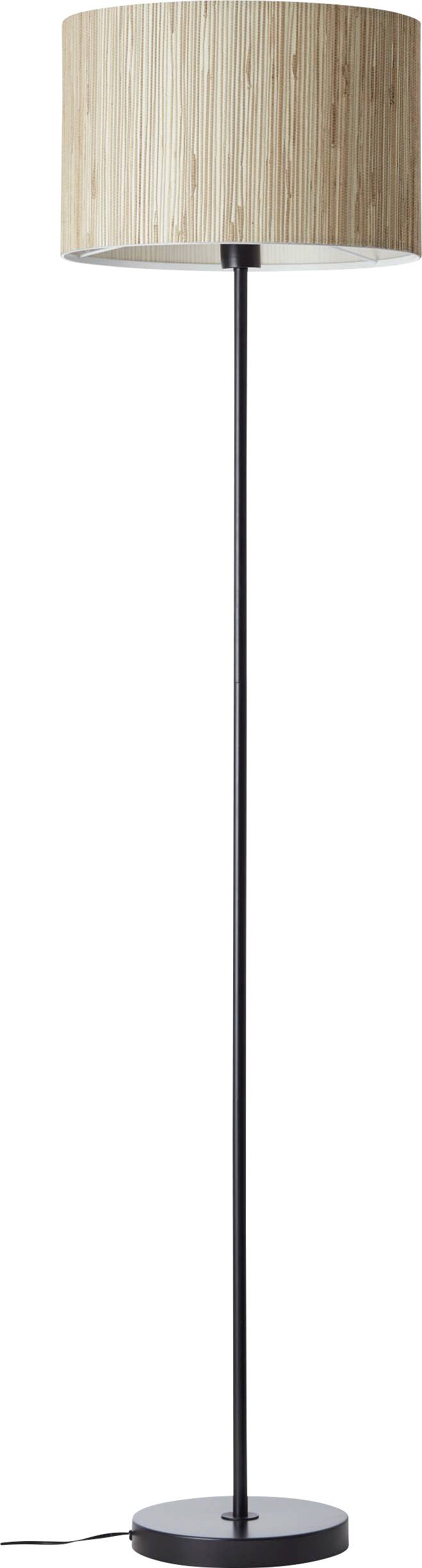 Stehlampe mit schwarzem Ständer und rundem lampenschirm aus Holzfurnier. Minimalistisches Design, geeignet für modernes Interieur.