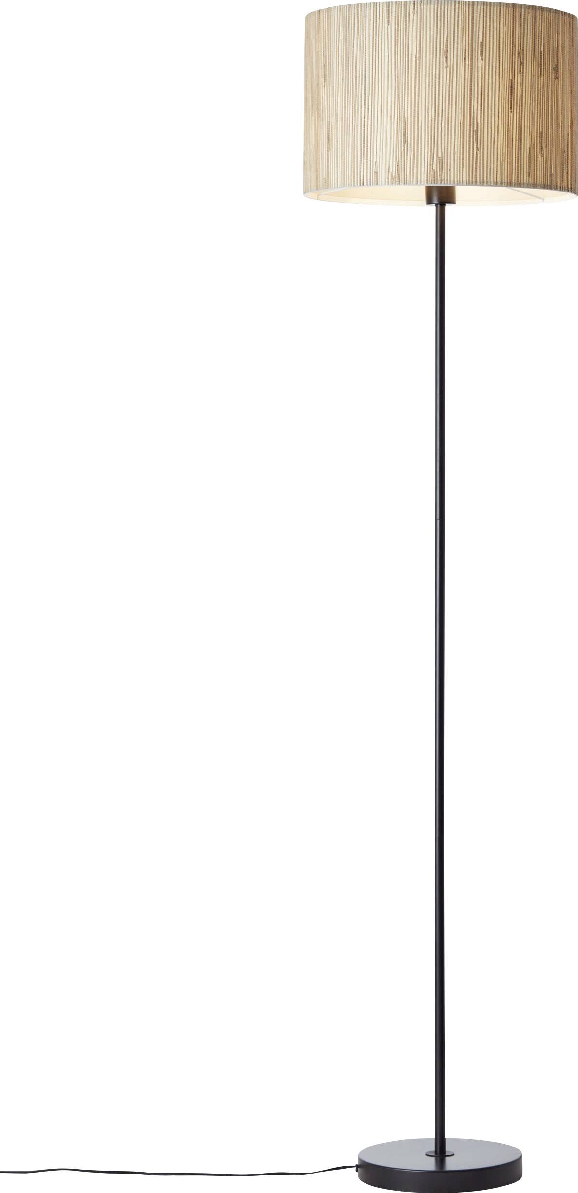 Stehende Lampe mit einem schwarzen Ständer und einem hellen, zylindrischen Lampenschirm. Sie hat ein schlichtes, modernes Design.