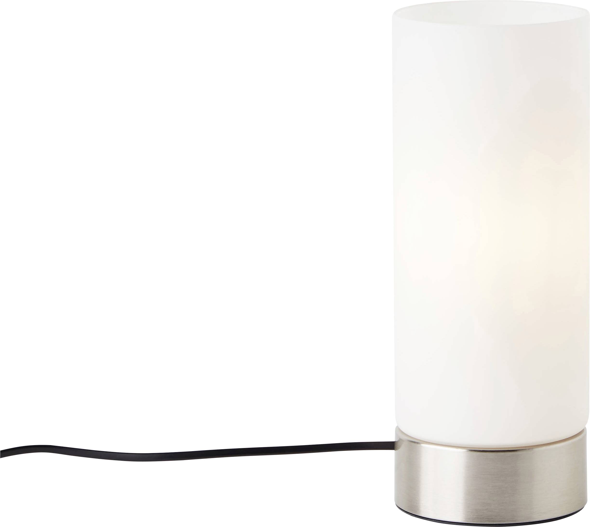 Eine weiße Tischlampe mit zylindrischem Schirm auf einem silbernen Sockel. Das Stromkabel ist schwarz und sichtbar.