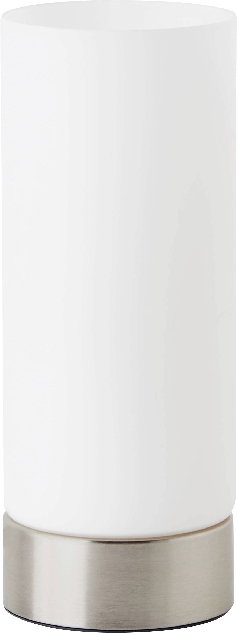 Eine moderne, zylindrische Tischlampe mit weißem Glas und metallischem Fuß.