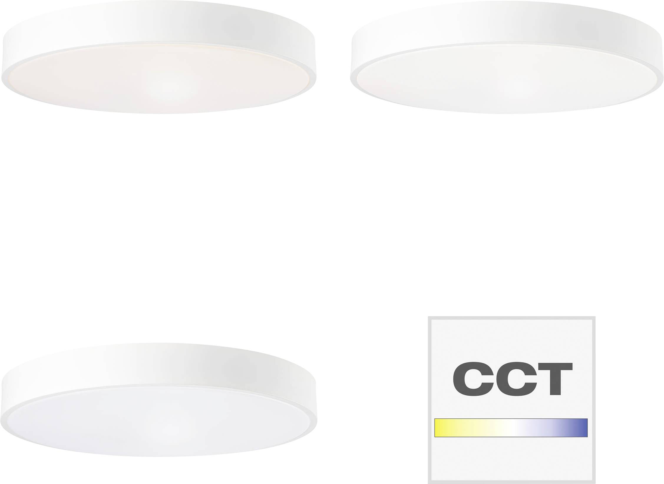 Drei runde LED-Deckenleuchten in verschiedenen Lichtmodi mit einer CCT-Farbtemperaturanzeige unten rechts.