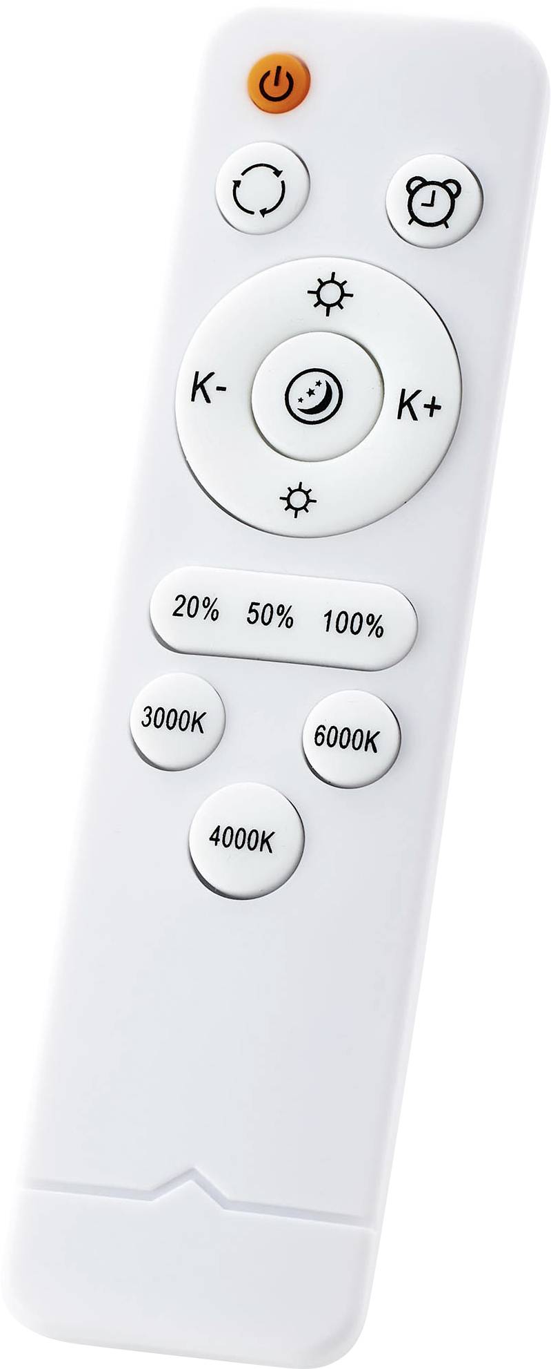 Eine weiße Fernbedienung mit Tasten für Helligkeit, Farbtemperatur (3000K, 4000K, 6000K) und Ein/Aus-Schalter oben.