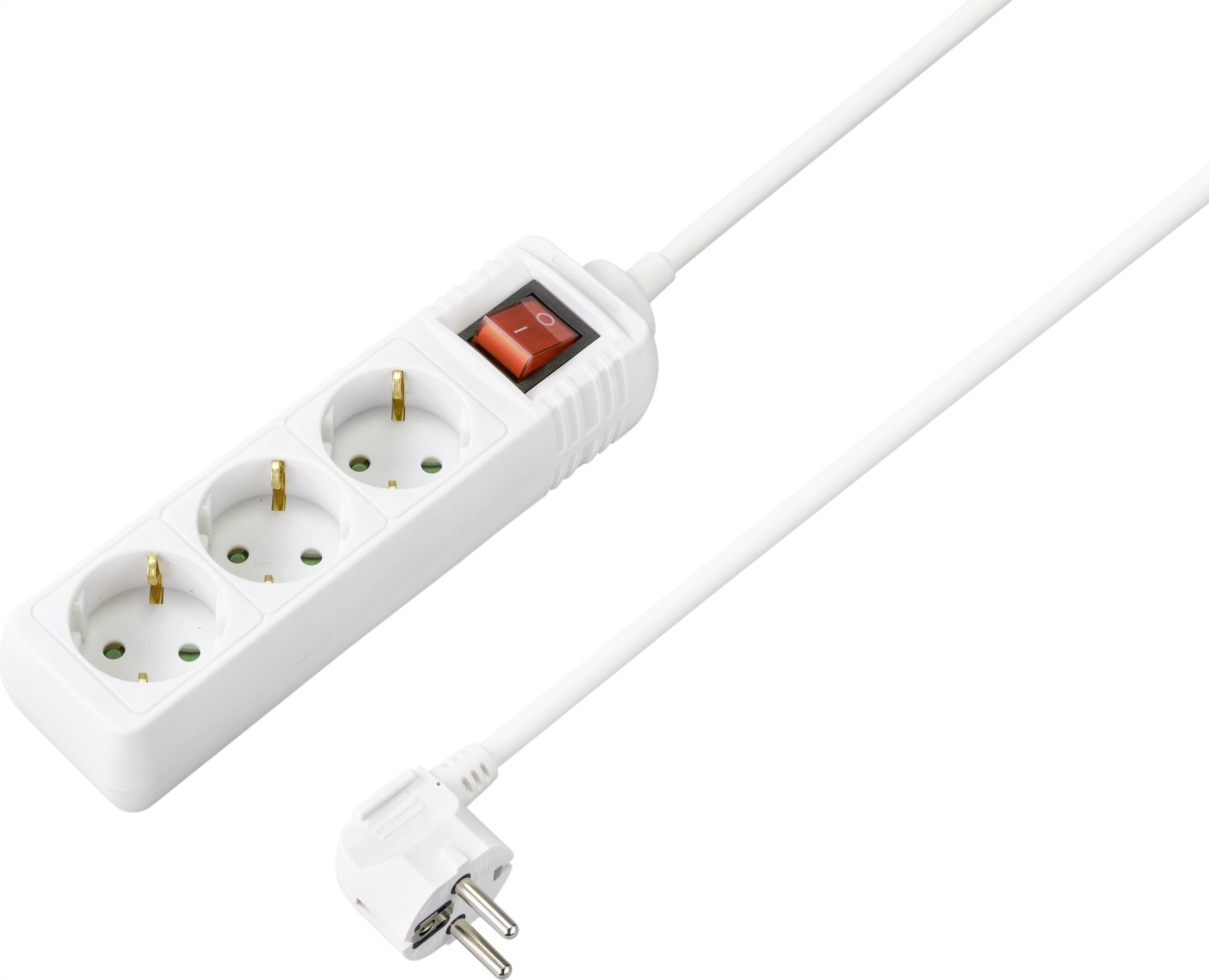 Dreifach-Steckdosenleiste mit Schalter, weiß. Mit einem Kabel und einem Stecker. Zur Erweiterung von Stromanschlüssen.
