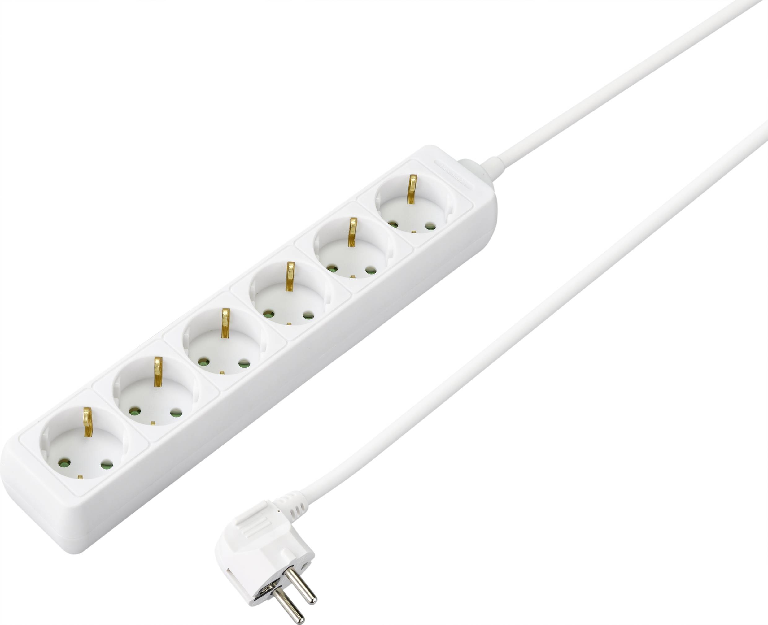 Weiße Mehrfachsteckdosenleiste mit fünf Steckplätzen und angeschlossenem Kabel. Geeignet für die gleichzeitige Nutzung mehrerer Elektrogeräte.