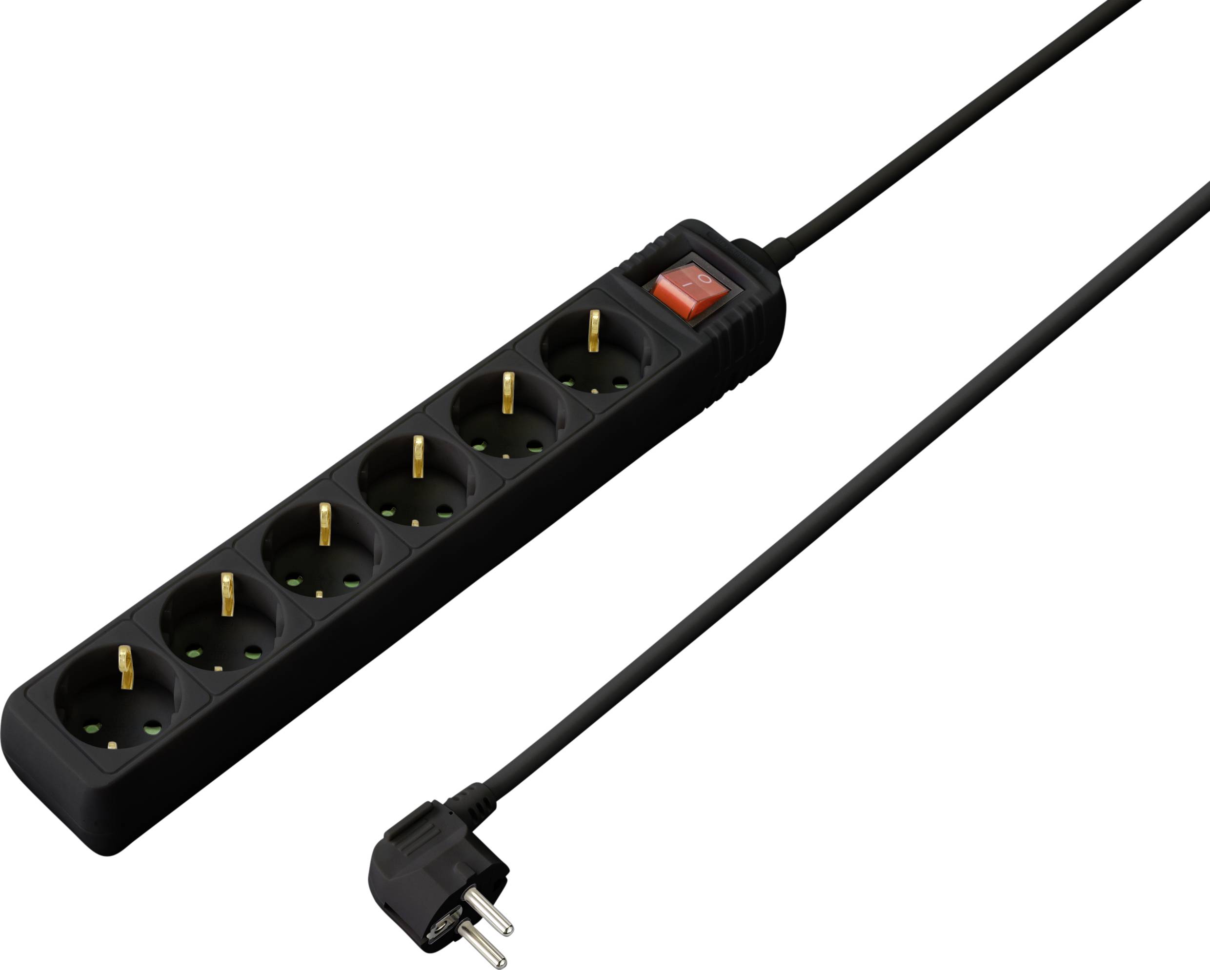 Schwarze sechsfache Steckdosenleiste mit Ein-/Ausschalter und langem Kabel, geeignet für europäische Stecker.