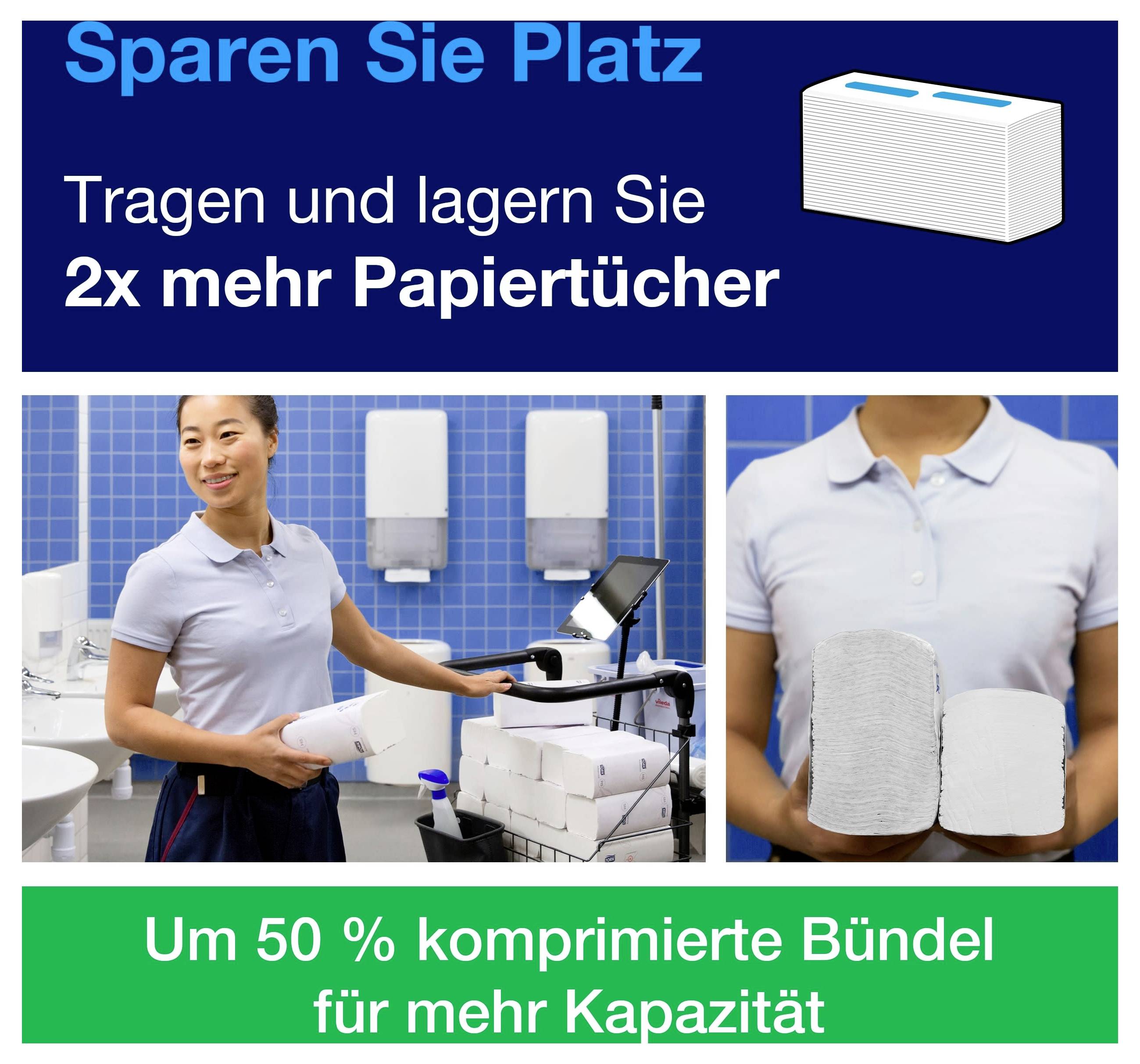Werbung für komprimierte Papierhandtücher: 'Sparen Sie Platz', 'Tragen und lagern Sie 2x mehr Papiertücher', 'Um 50 % komprimierte Bündel für mehr Kapazität'