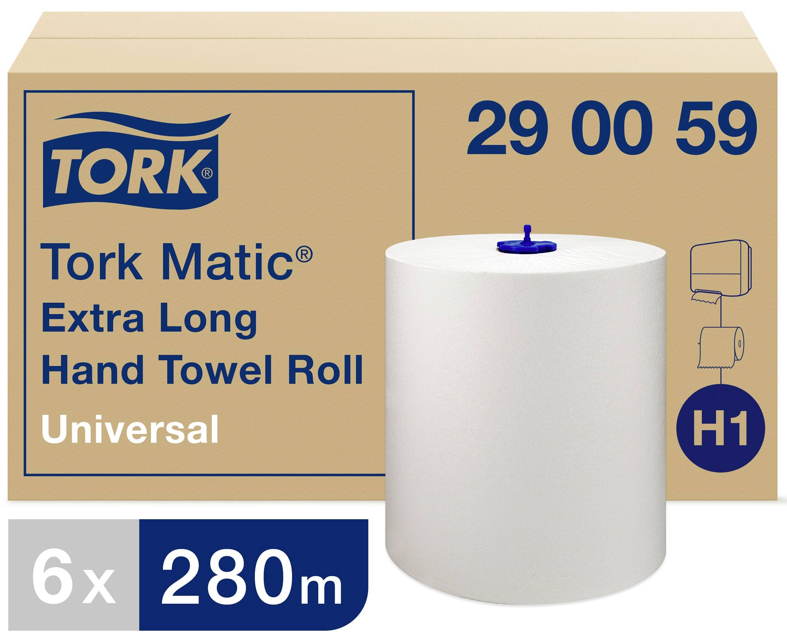 Karton mit Tork Matic Universal Papiertuchrolle H1. Enthält sechs Rollen mit je 280 m Länge. Anwendung: Papierhandtuchspender.