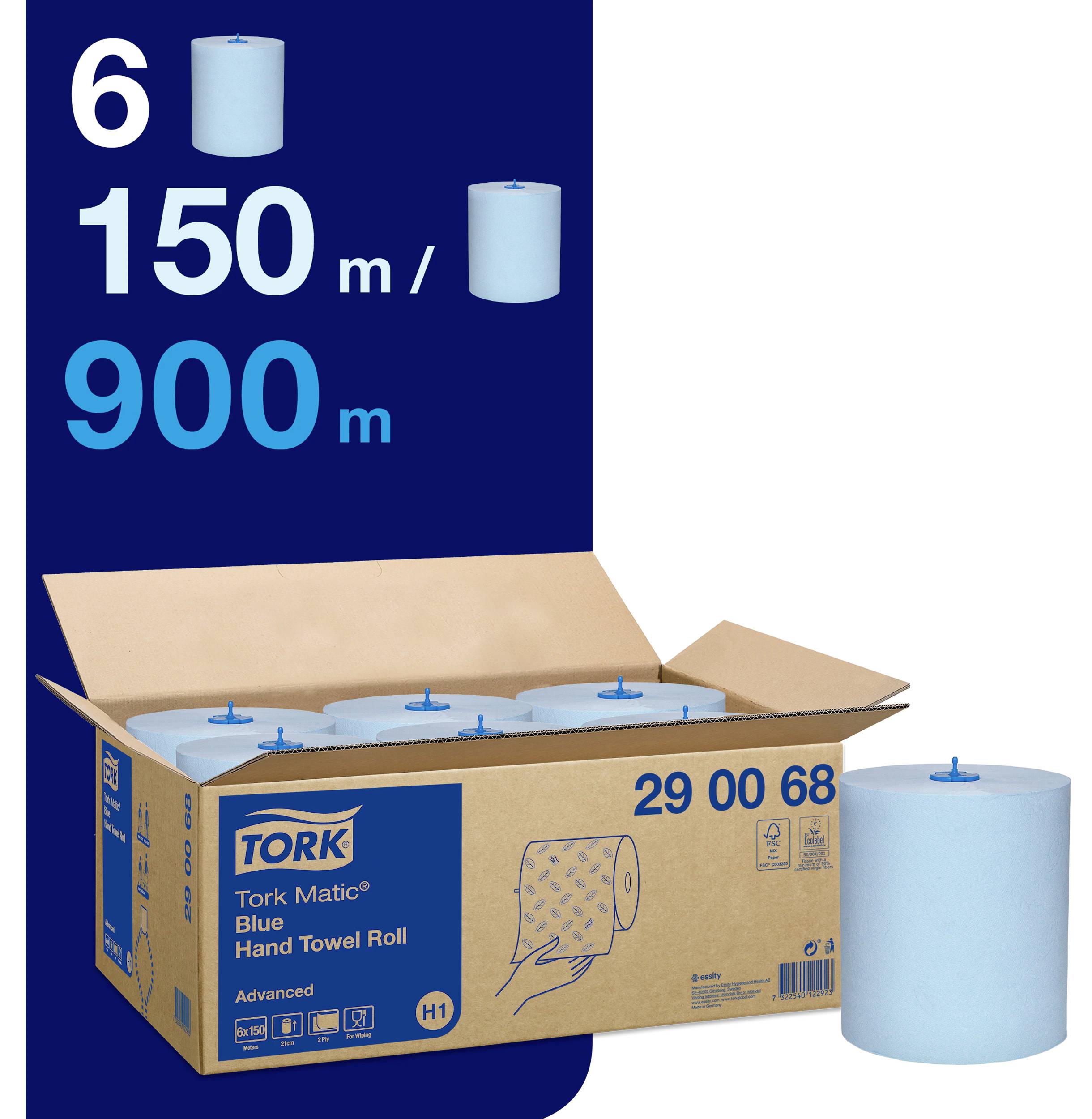 Sechs blaue Papierhandtuchrollen, je 150m, total 900m. Verpackung zeigt Marke 'Tork Matic' und Produktnummer 29 00 68.