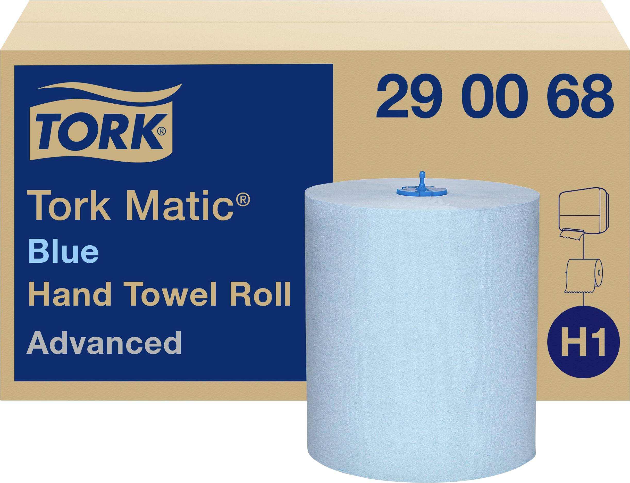 Ein blauer Papierhandtuchrollen-Packung von Tork Matic, Modell 'Advanced', mit der Nummer 290068, geeignet für H1-Spendersysteme.
