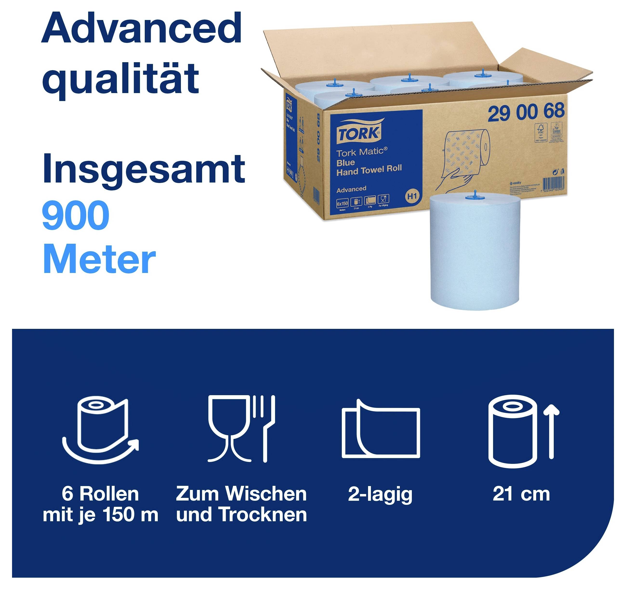 Tork Handtuchrollen, Advanced Qualität, insgesamt 900 Meter; 6 Rollen à 150 m, 2-lagig, 21 cm, zum Wischen und Trocknen.