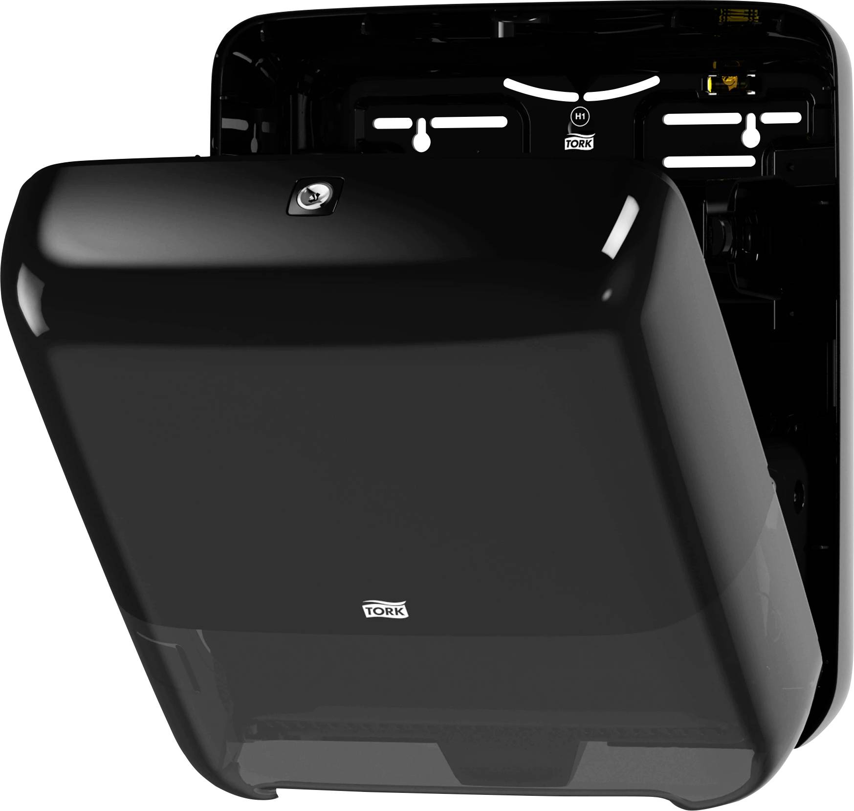 Ein schwarzer, an der Wand montierter Papierhandtuchspender mit dem Logo 'Tork' an der Vorderseite. Der Spender ist geöffnet.