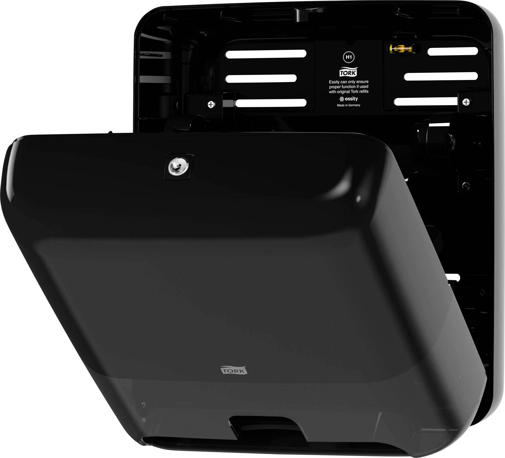 Ein schwarzer Papierspender an der Wand montiert, geöffnet und leer. Ideal für Badezimmer oder Küchen, um Papierhandtücher abzupendeln.