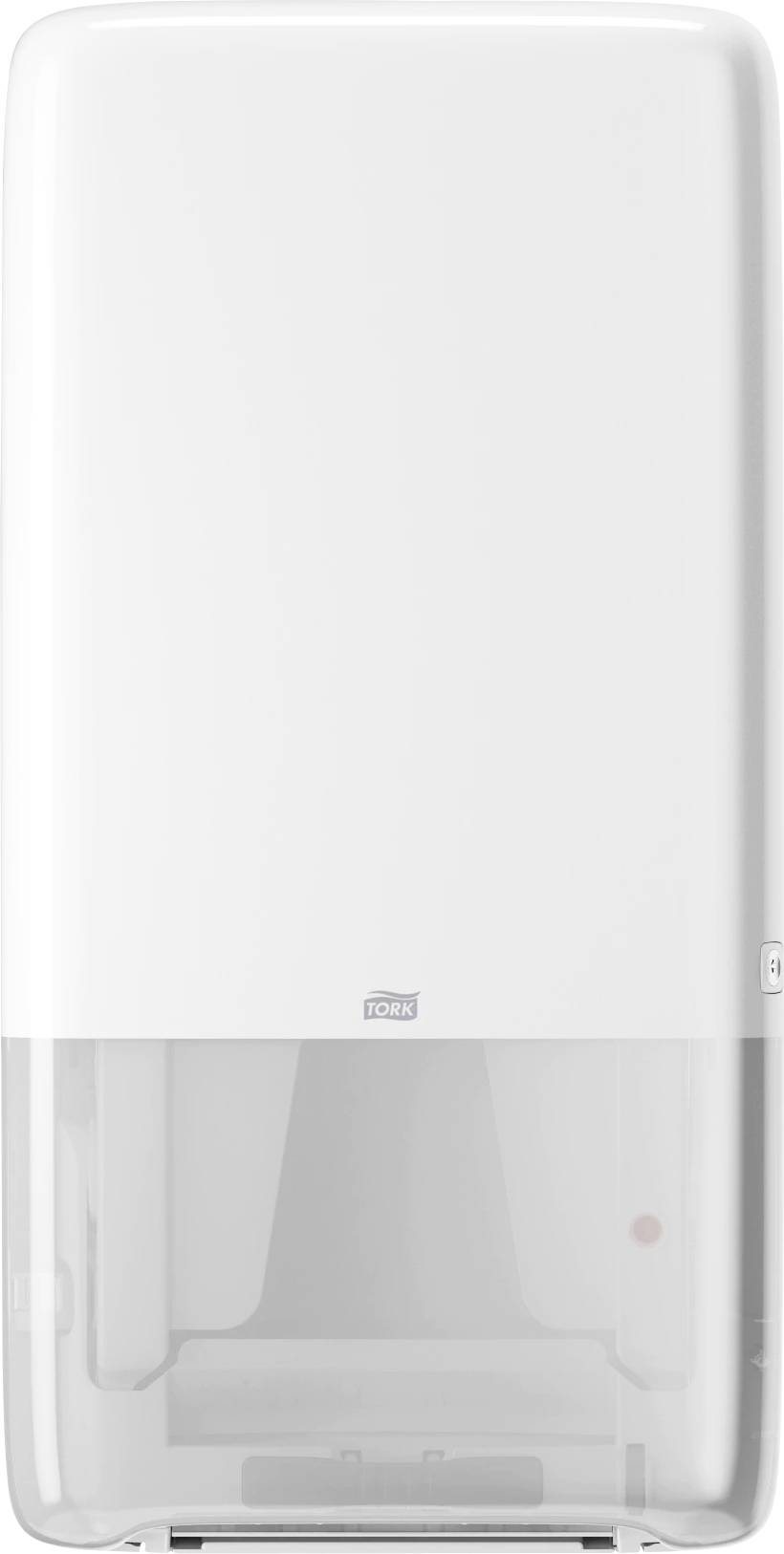 Ein weißer, rechteckiger Spender für Papierhandtücher.