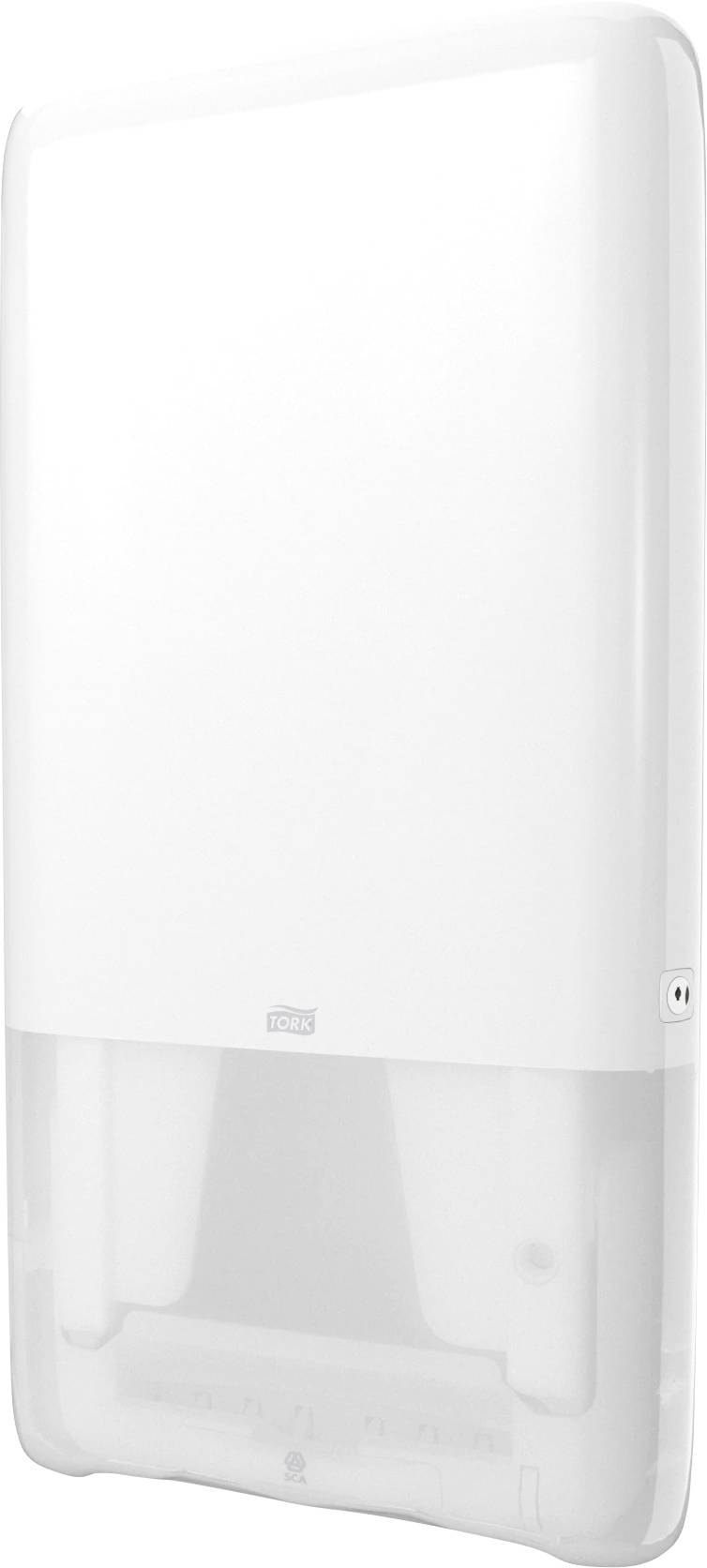 Ein weißer Toilettenpapierspender mit glatter Oberfläche, schlanker vertikaler Form, geeignet für gewerbliche Nutzung.